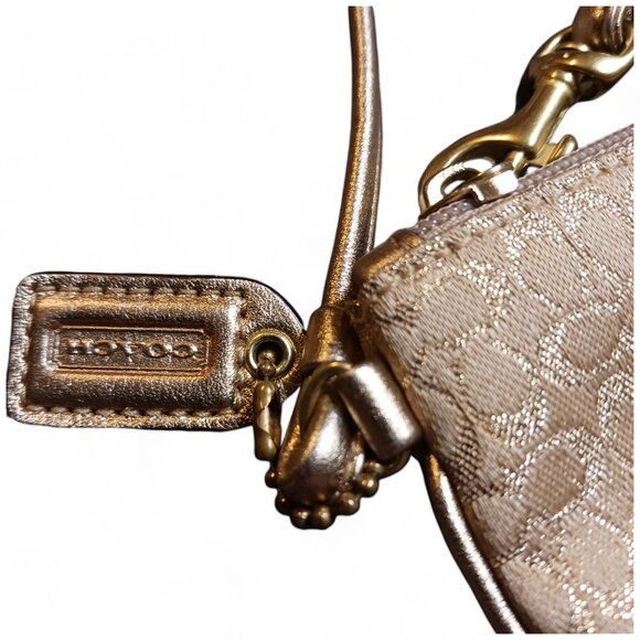 Coach Gold Metallic Leather Jacquard Gold Thread Monogram C Wristlet Clutch - Picture 3 of 8